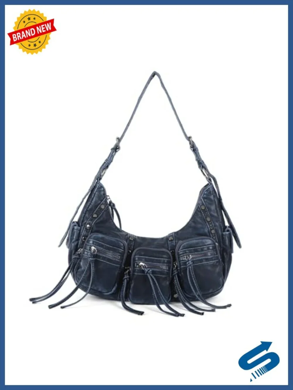 Y2K Hobo Bag with Multi Pockets Vegan Leather Studded Satchel Crossbody